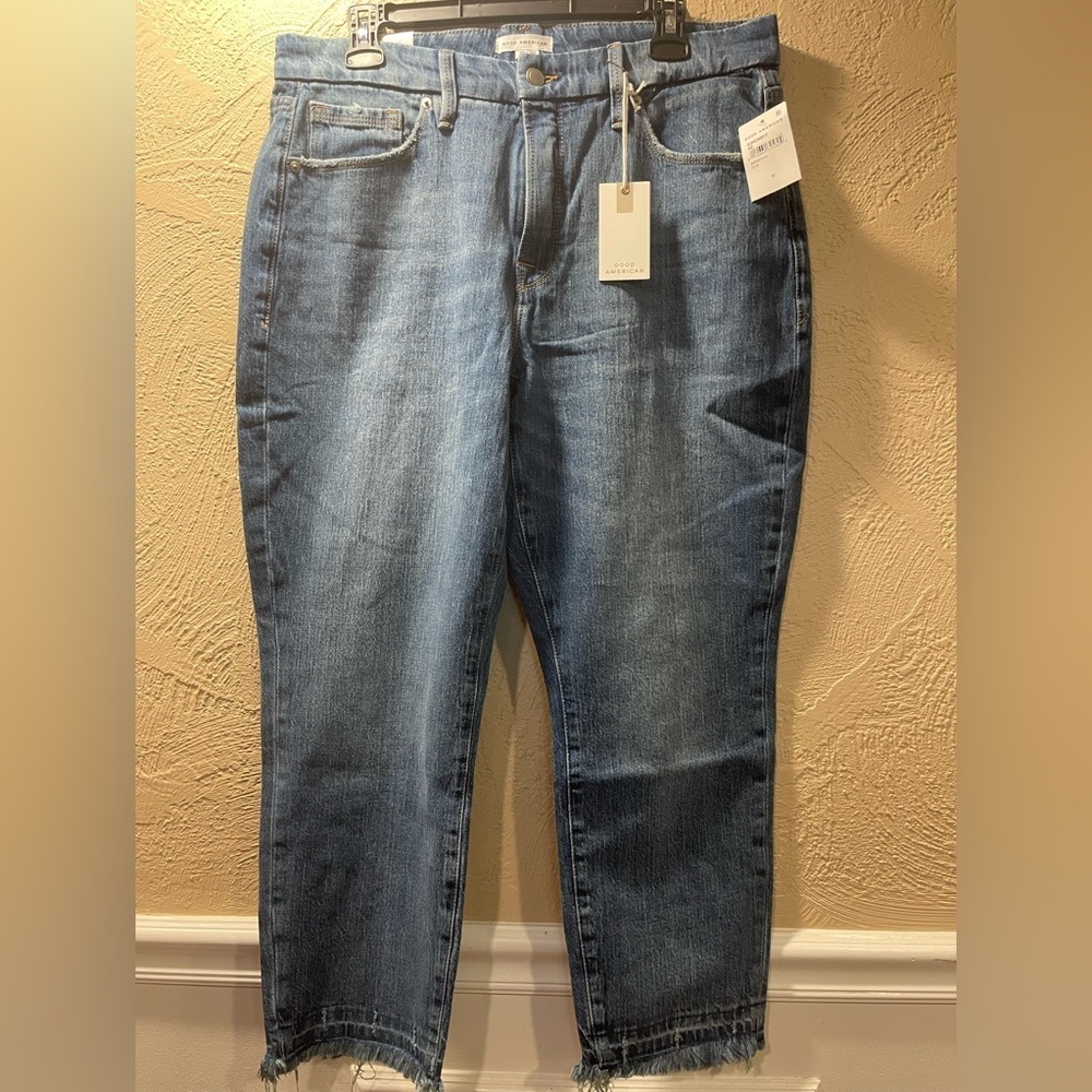 Good American Women's High Rise Mom Jeans Raw Hem Cropped Sz 10